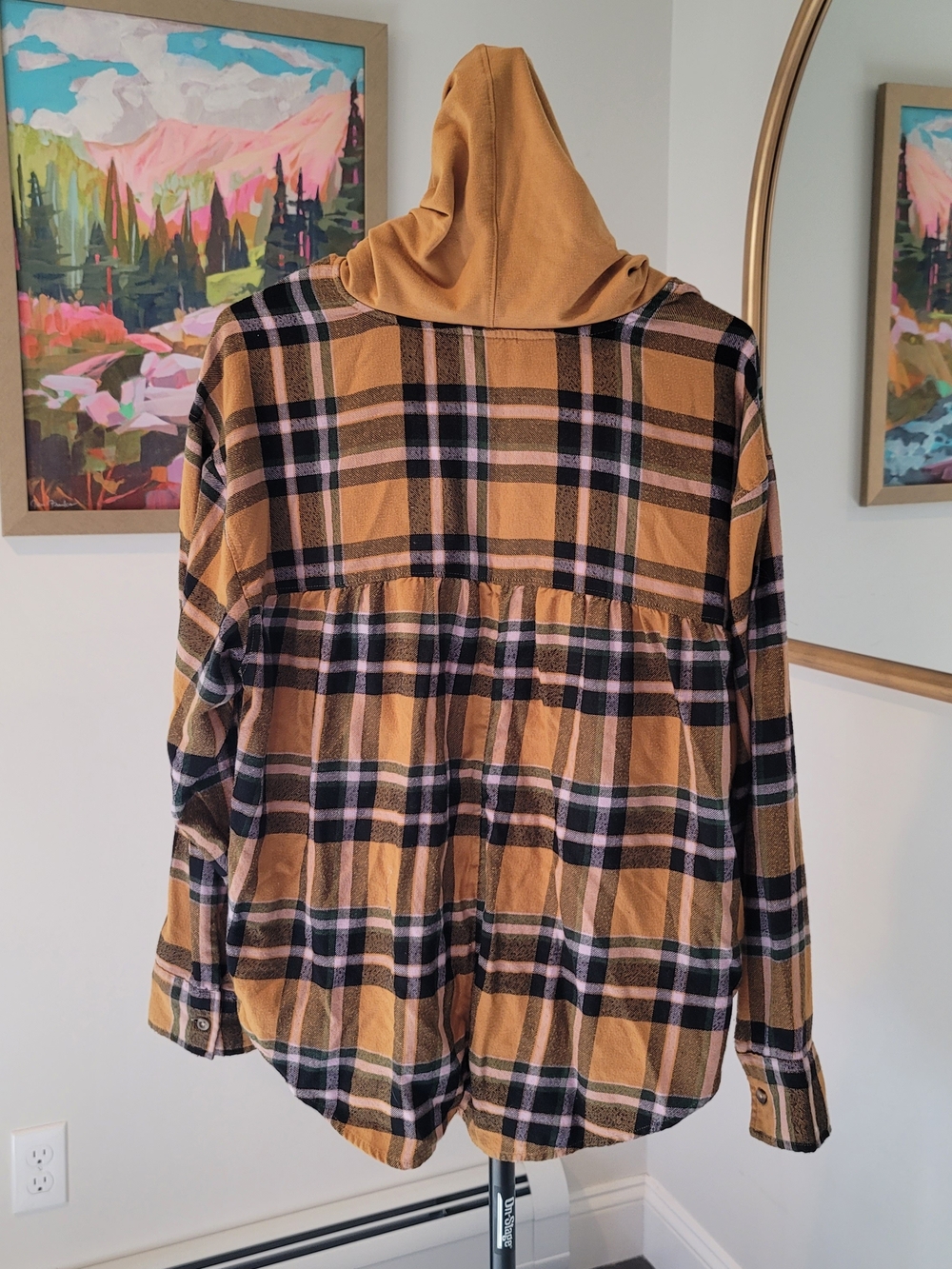 Plaid Flannel Hoodie Mustard Black 90s Grunge Streetwear Women's Size XL - Picture 5 of 9